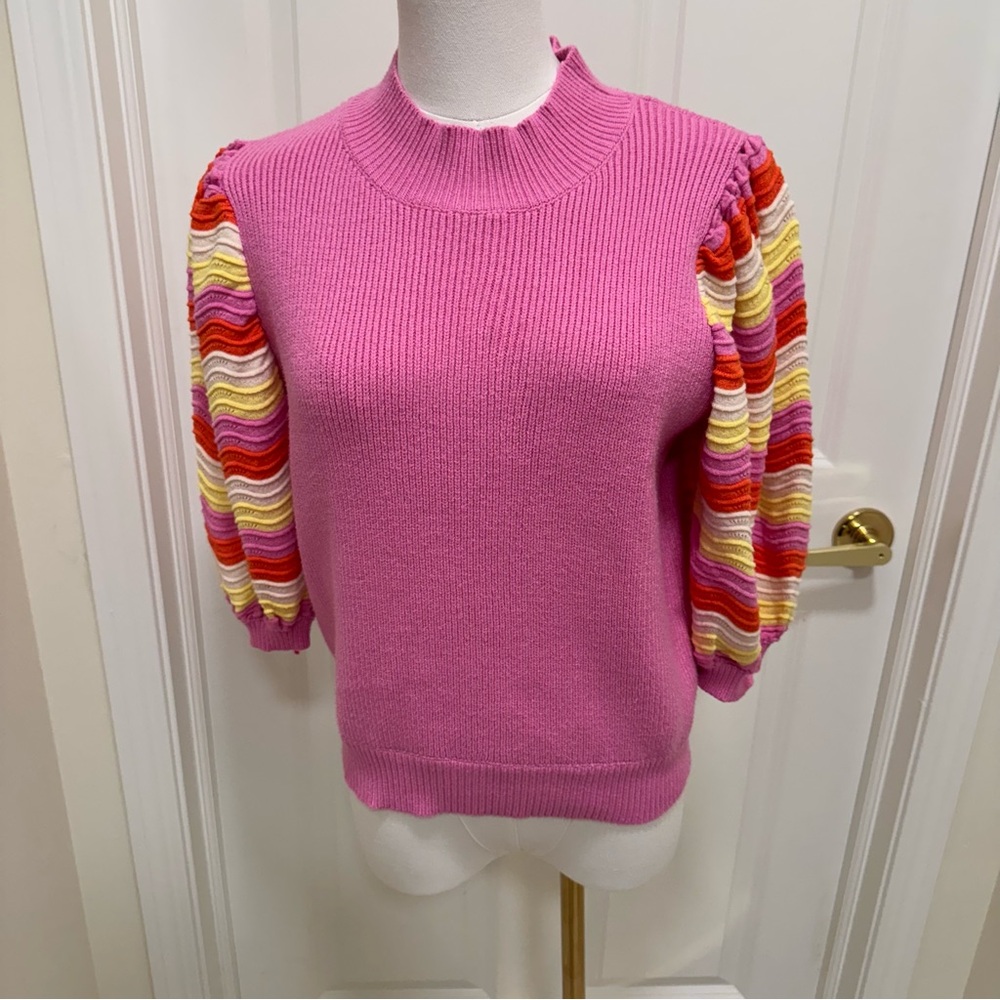 THML & Anthropologie Women’s Pink Sweater With Yellow, Orange Puff Sleeve